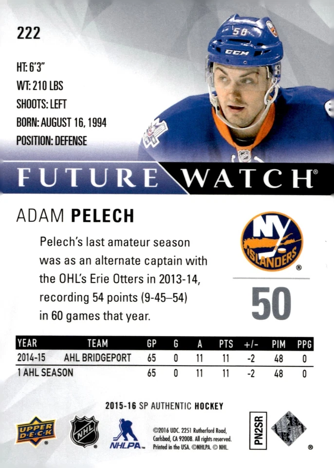 Adam Pelech - 2015-16 Upper Deck SP Authentic Future Watch /999 Rookie Card #222 - Image 2 of 2