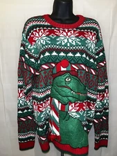 Ugly Christmas Sweater T Rex Women’s Large Red Green 33 Degrees Scarf Hat