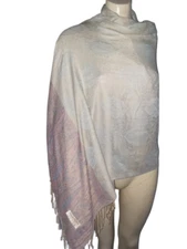 Pale Blue Pink Paisley Shawl Scarf Wrap Stole 100% Cashmere Pashmina &  Fringe