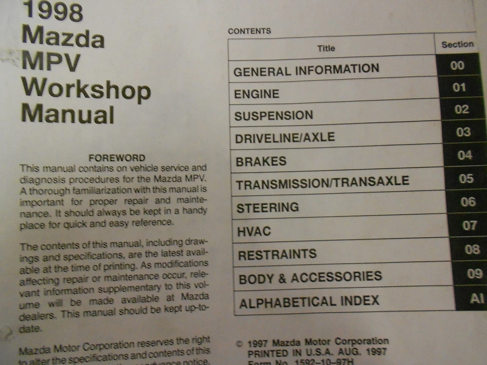 1998 Mazda MPV Furgoneta Servicio Reparación Tienda Manual Juego Fábrica W - Imagen 2 de 4