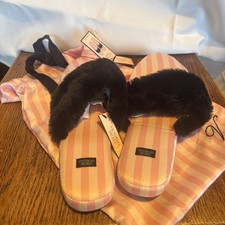 Victoria's Secret Light Pink  White Striped Satin Slippers - Size Medium 7 8