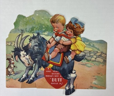 Vintage 1930s? Large Mechanical Valentine Bucking Goat Die-Cut 8.75'' x 6.75''