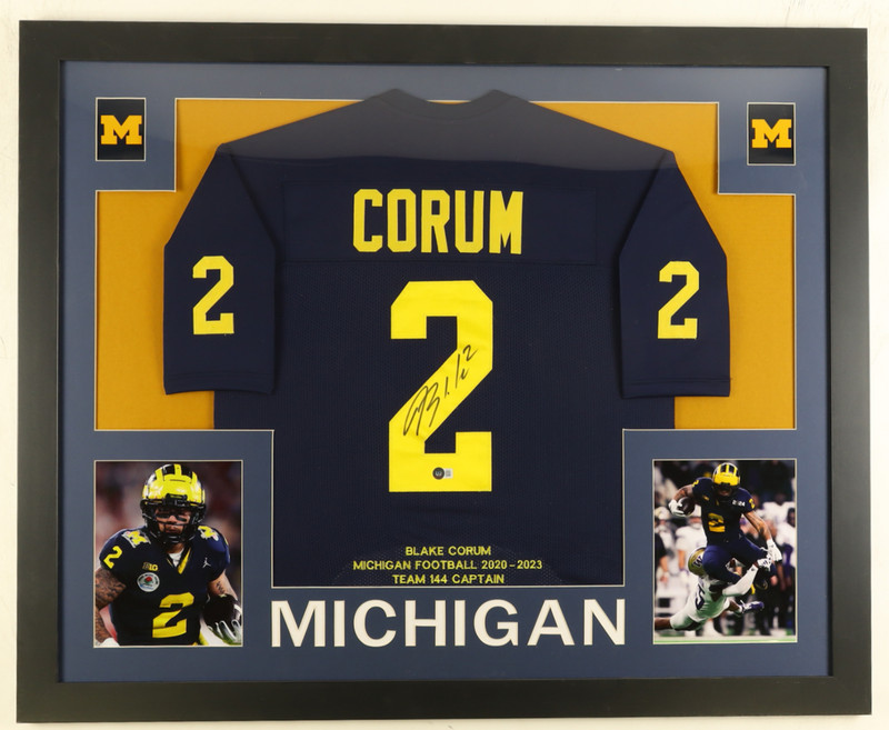 Blake Corum Signed Custom Framed Career Highlight Jersey Display (Beckett)