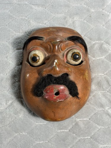 Vintage Hand Carved Wooden Folk Art Mask Bulging Eyes Mustache Wall Decor