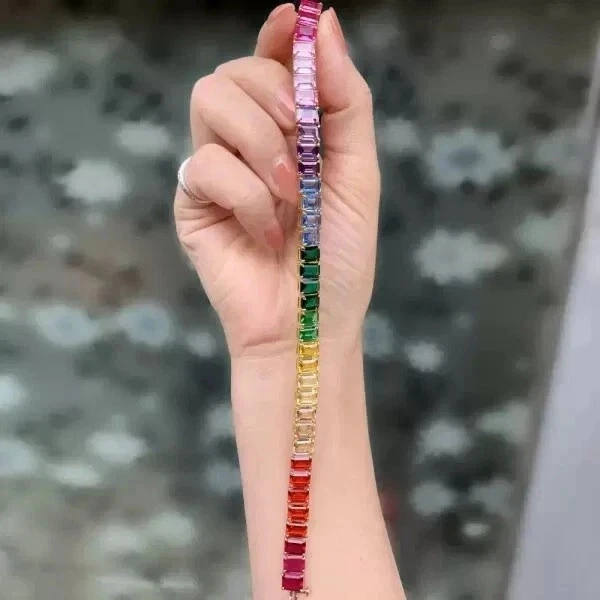 22Ct Emerald Lab Created Rainbow Sapphire Tennis Bracelet 14K Yellow Gold Plated - Image 2 of 4