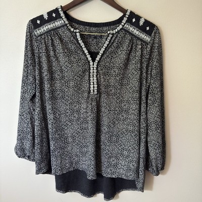 Lucky Brand Women's Boho Tunic Blouse Black White Embroidered Peasant Size 1X