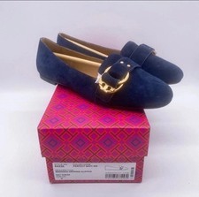 Tory Burch MARSDEN Black Suede Belted Gold Logo Flats Slipper Shoe 7M NEW