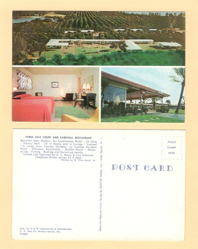 1970s TERRA CEIA COURT and CARDINAL RESTAURANT CYPRESS GARDENS FLA POSTCARD