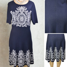 NWT St John Black Label Navy White Medallion Knit Dress Sz 8 Fit Flare $995