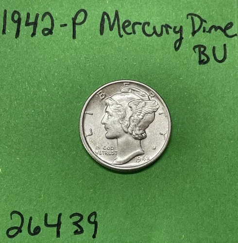 1942-P Mercury Dime 10c BU Brilliant Uncirculated 90% Silver See Pictures