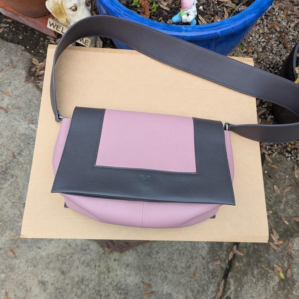 CELINE Colourblock Leather Crossbody Bag Pink/Grey Adjustable Wide Strap Logo