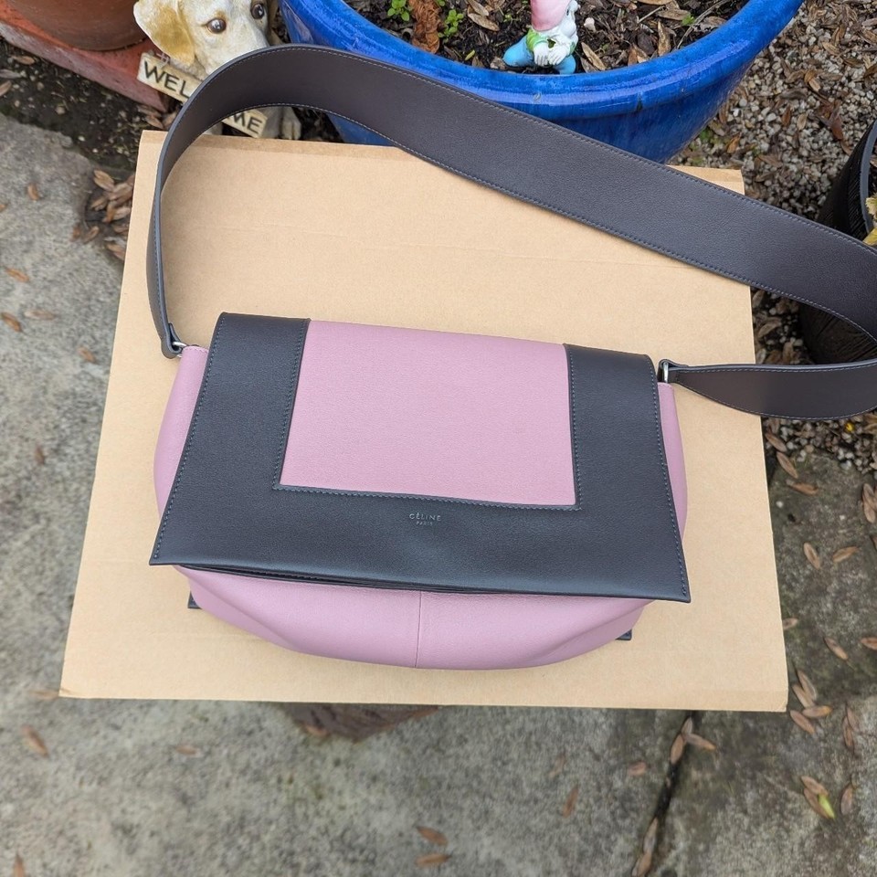 CELINE Colourblock Leather Crossbody Bag Pink/Grey Adjustable Wide Strap Logo