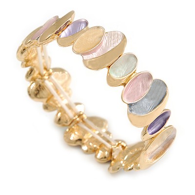 Pastel Multi Enamel Oval Cluster Textured Flex Bracelet In Gold Tone - 18cm Long