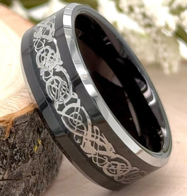 8MM Black Tungsten Ring   Celtic Knot Dragon Inlay Elegant Christmas Gift Band