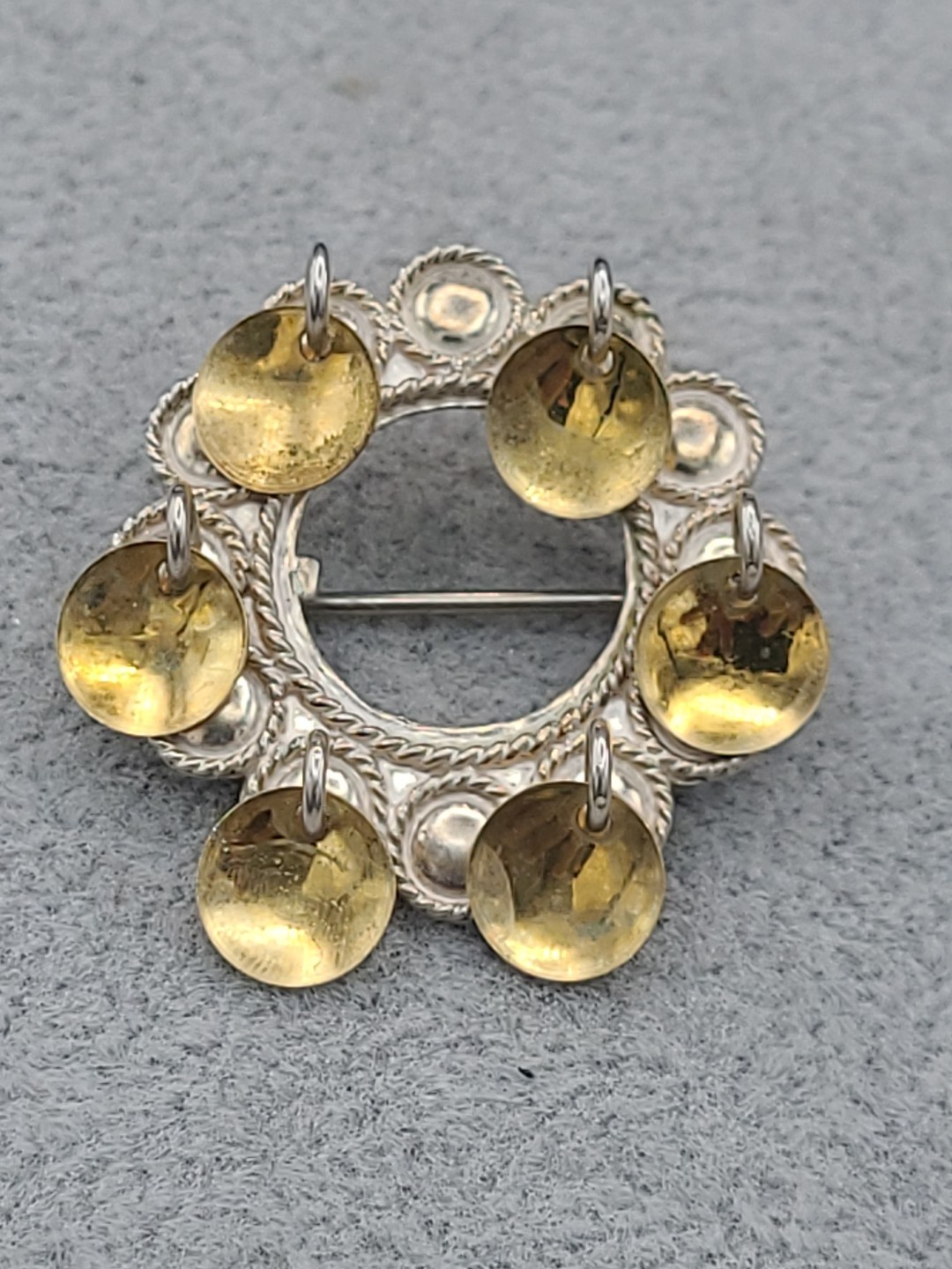 Vtg Norwegian Solje Brooch 830 Silver Pin w Hangin Di… - Gem