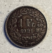 1921 B 1 Schweizer Franken Münze 835er Silber antike schweizer Sammler-Münze