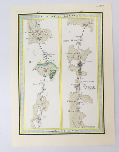 TARRANT HINTON London to Exeter Road Map Section Edward Mogg Hand-Coloured 1828 - 第 1/2 張圖片