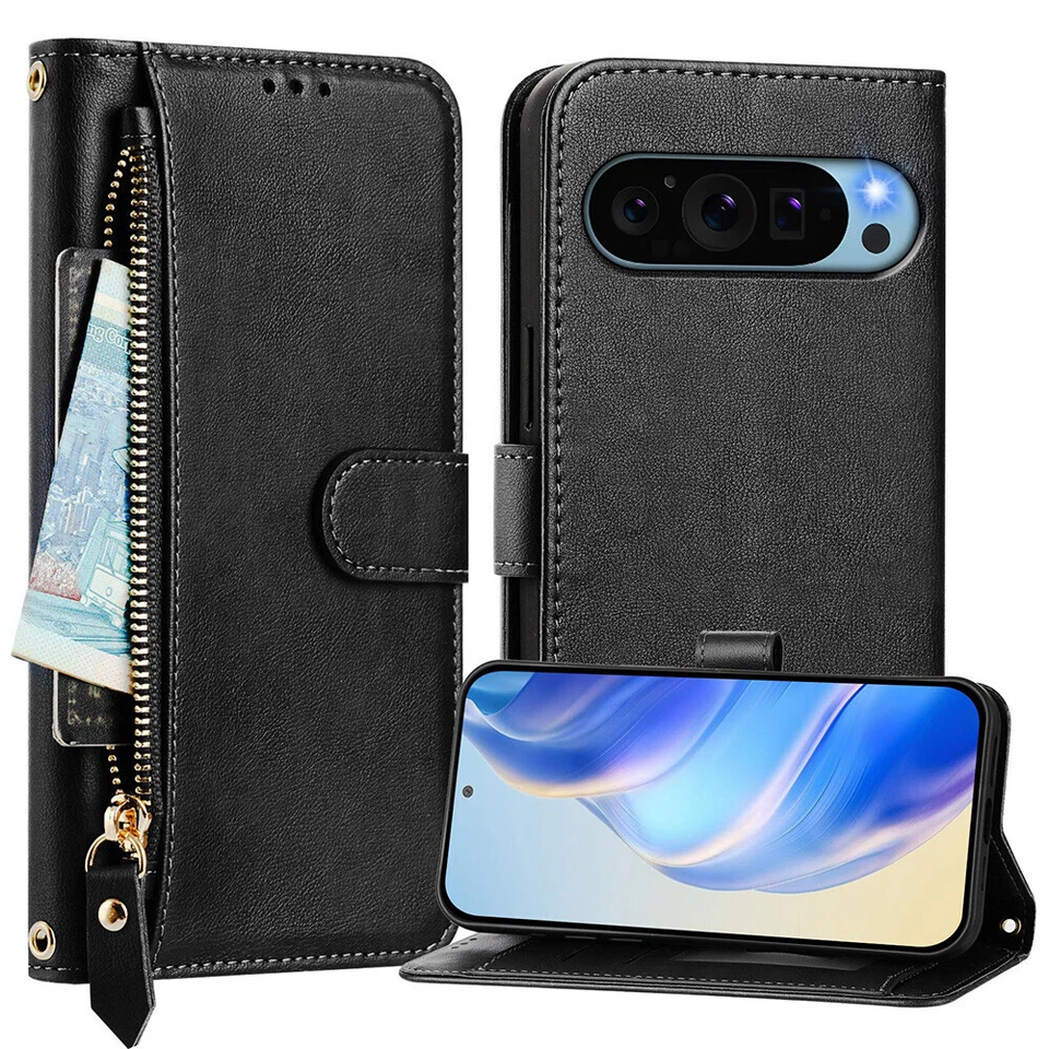 Leather Zipper Card Stand Wallet Case Magnetic Phone Cover with Wristlet Strap - Image 4 of 4