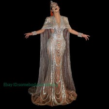 Sparkly Silver Sequins Rhinestones Mesh Evening Prom Gown Long Dress Outfit