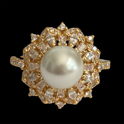 Art Deco Cubic Zirconia Pearl Cocktail Ring 14 kt Yellow Gold