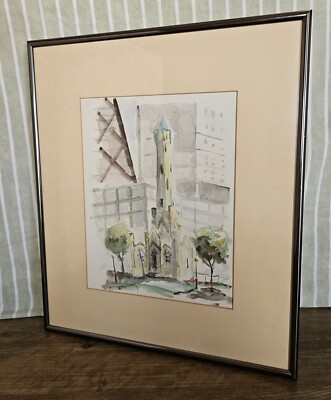 Vtg Watercolor Painting Chicago Water Tower Edgar Hinkley Framed & Matted