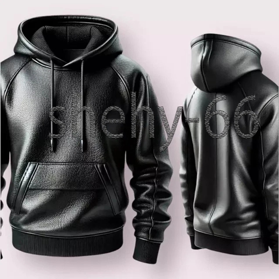 Мужская черная первоклассная кожаная толстовка с капюшоном ручной работы из натуральной овчины кожаная куртка - Изображение 4 из 4