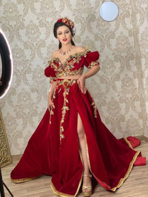Wine Red Velvet Moroccan Traditional Prom Dresses Two Pieces Applique  Beaded