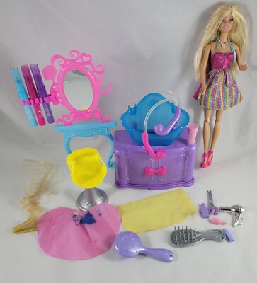 Barbie Hair Tastic Color Wash Salon Playset Doll Sink Stool Chair  Accessories