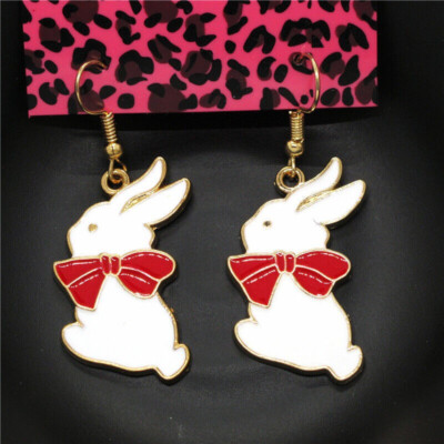 Betsey Johnson Easter Bunny White Rabbit Gold Drop Dangle Earrings Free Gift Bag