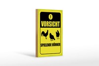 Holzschild Hinweis 12X18 Cm Vorsicht Spielende HüHner Gelbes Deko Schild