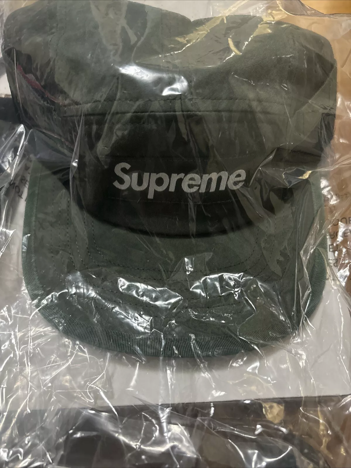 Casquette de camp en sergé logo jacquard suprême chapeau vert 5 panneaux réglable neuf authentique