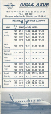 Aigle Azur Deauville-Gatwick timetable 4/1/92 [4001] Buy 4+ save 25%