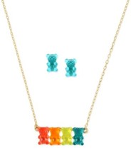 NEW BETSEY JOHNSON GOLD TONE CHAIN NECKLACE,BLUE GUMMY BEAR,STUD EARRINGS IN BOX