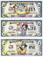 Set of 3 2009 T $10 $5 $1 Disney STORE Dollars Goofy Mickey Donald UNC Dollar