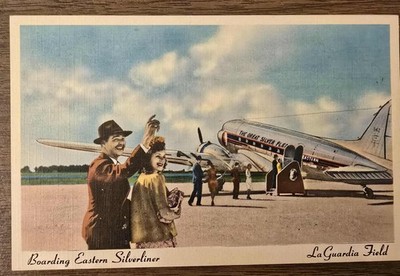 Postcard ''Boarding Eastern Silverliner'' La Guardia Field, East Elmhurst NY c1944