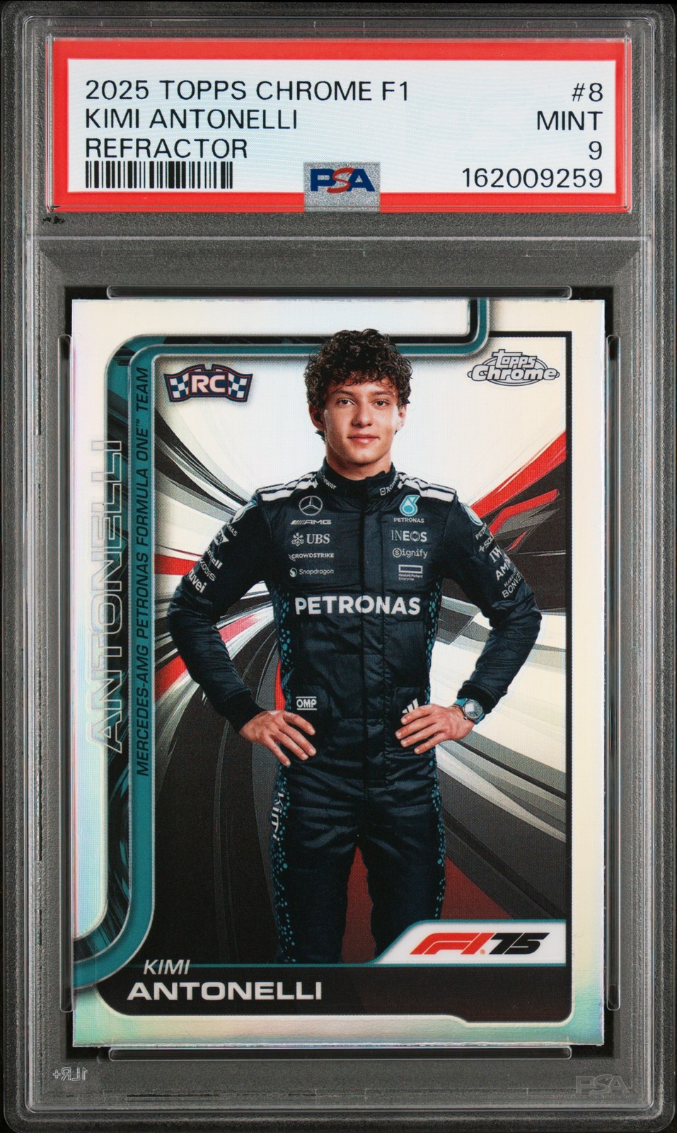 2025 TOPPS CHROME FORMULA 1 REFRACTOR #8 KIMI ANTONELLI ROOKIE RC PSA 9