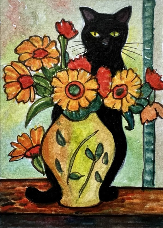 Original ACEO Black Cat Painting Miniature Art Card Ooak By Artist Dulshan C8