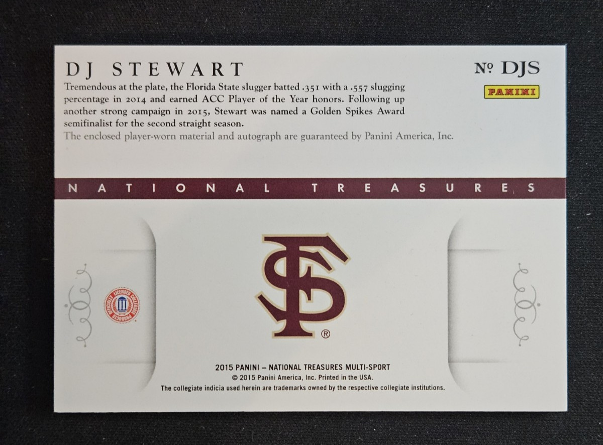 DJ Stewart 2015 Panini National Treasures Collegiate Baseball Patch Auto /99 DJS view 6