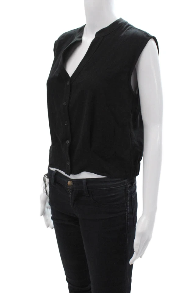 Drew Mujer Recortado Negro Lino Rayón Cuello en V Sin Mangas Abotonado Años 90 Talla S Foto 2 de 4