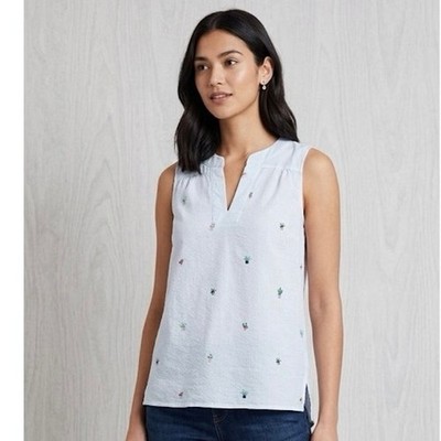Joules Women Shirt Pullover 100% Linen Sleeveless Blue Striped Plants Size US 2