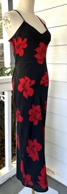 Sz 3 90 s Y2K Silky Slip Dress String Tie Back Maxi Midi Black Red Roses Strappy