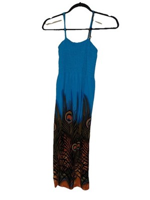 Indian Boutique Peacock Print Smocked Maxi Dress Blue Boho Adjustable Strap