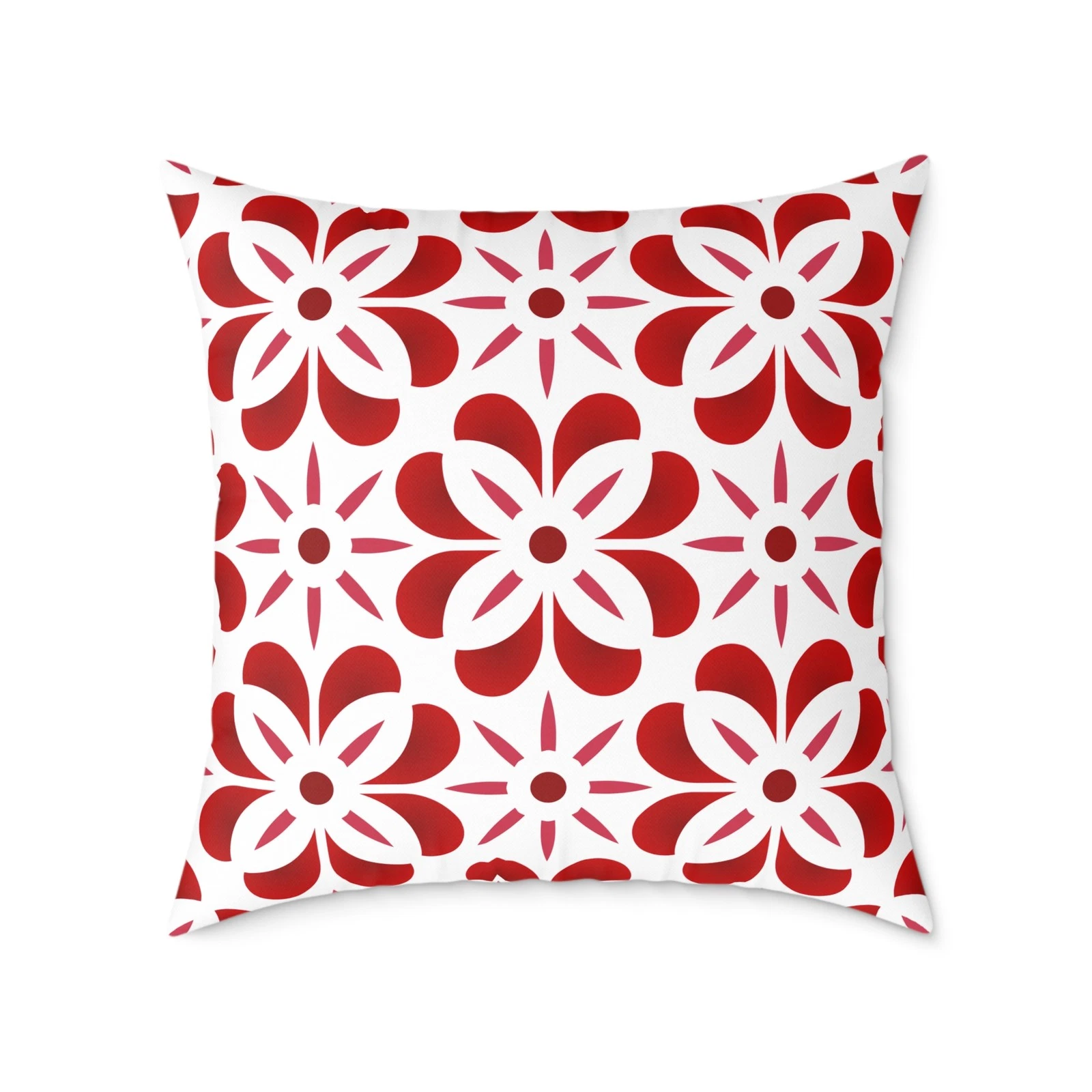 Red Floral Tile Pattern Square Pillow | Geometric Floral Throw Pillow