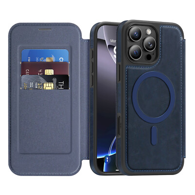 For iPhone 16e 16 Pro Max 15 14 13 12 11 Mag Safe RFID Leather Wallet Flip Case