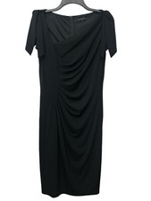 David Meister Black Asymmetric Neck Jersey Dress Size 12 Ruched Sheath Cocktail