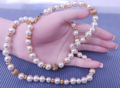 Vintage Miriam Haskell Beaded Faux white Pearl Gold tone Necklace 28''