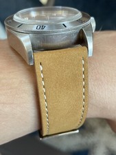 22mm BROWN thin Full Grain Leather Topside Watch Straps Band White stitch  