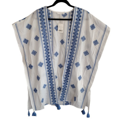 Daily Thread NEW White Blue Embroidered Tassels Open-Front Kimono Cover-Up L/XL