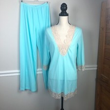 Vintage pants set Rutledge aqua blue tan lace Nylon size 34 M woman  s pajamas