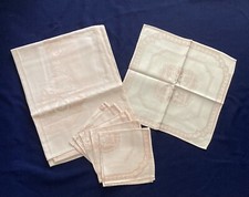 Pale Pink Damask Table Linen Set 48" Square Tablecloth six 14" Square Napkin vtg